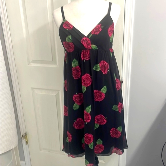 90s Betsey Johnson Silk Dress, Spaghetti Strap Midi Black with Pink Roses - Picture 1 of 8
